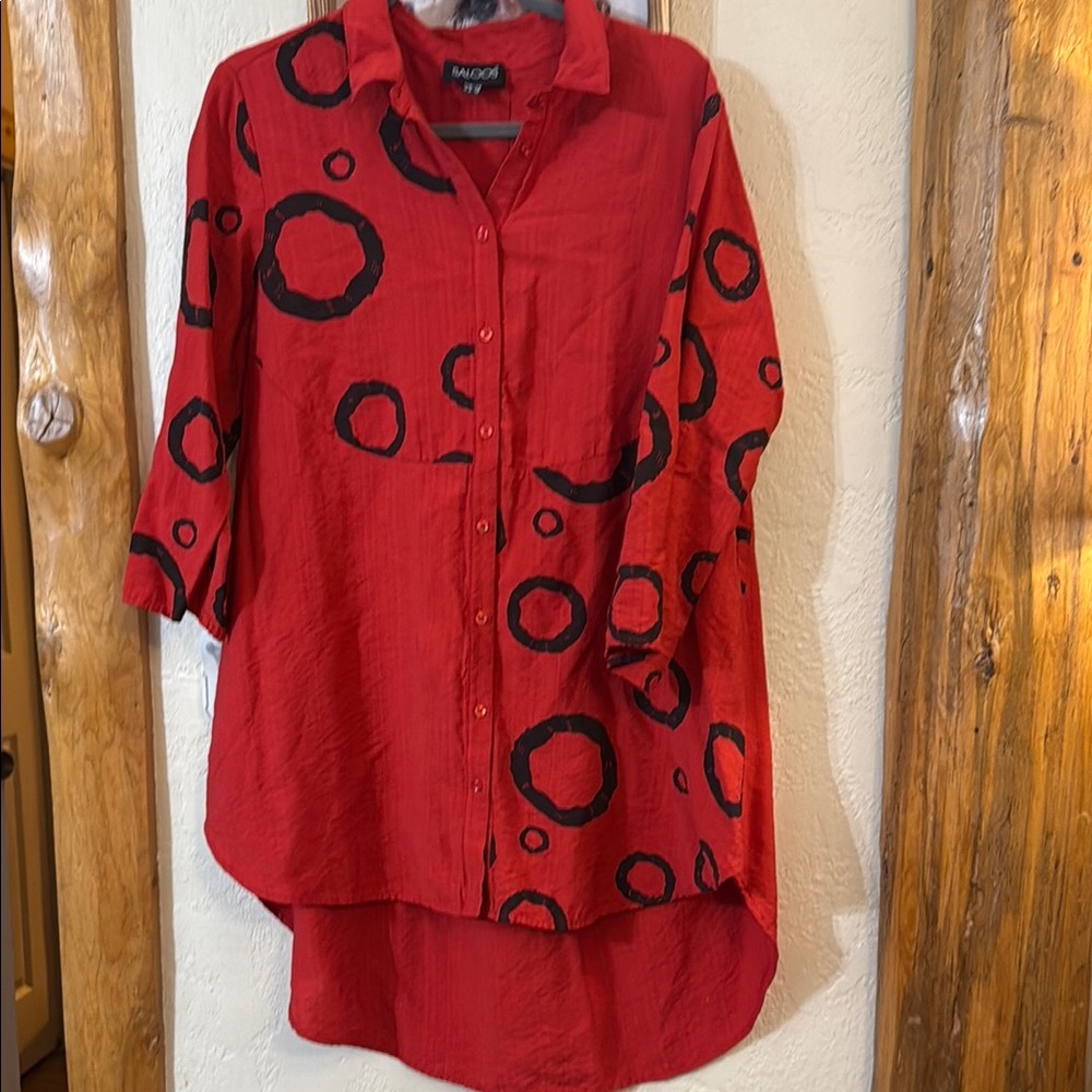 Bold Red and Black Circle Pattern Women's Button Down Shirt